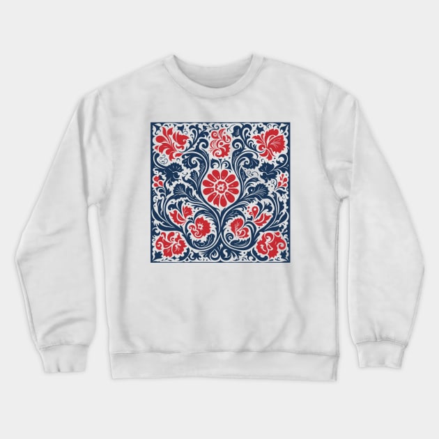 Blue and Red Scandinavian Folk Art Design Crewneck Sweatshirt by craftydesigns